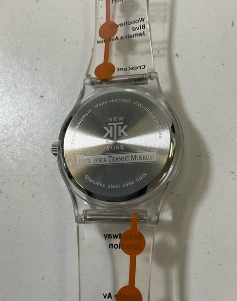 Vintage NYC Subway J Train Unisex Wristwatch Clear Plastic Band Orange Untested