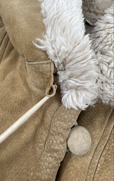 Vintage 90s Words Women's Tan Hooded Leather Suede Faux Fur Lined Coat Sz S