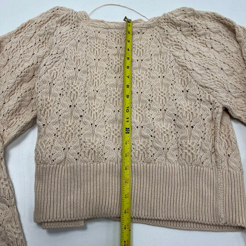 Free People Bonfire Cardi Cream Cropped Knit Puff Sleeve Cardigan Women's M