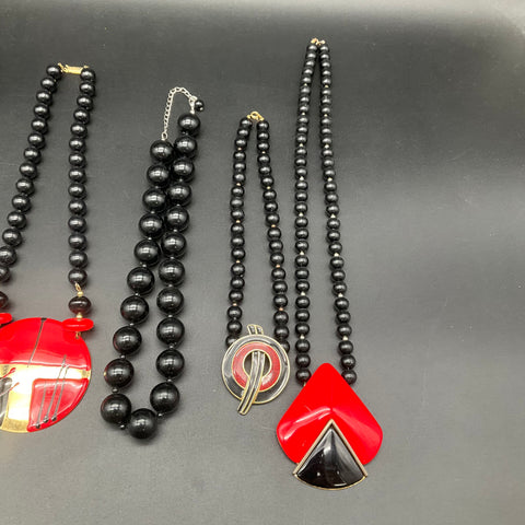 Vintage Red Black Gold Tone Statement Necklace Jewelry Lot of 7 Retro Pieces
