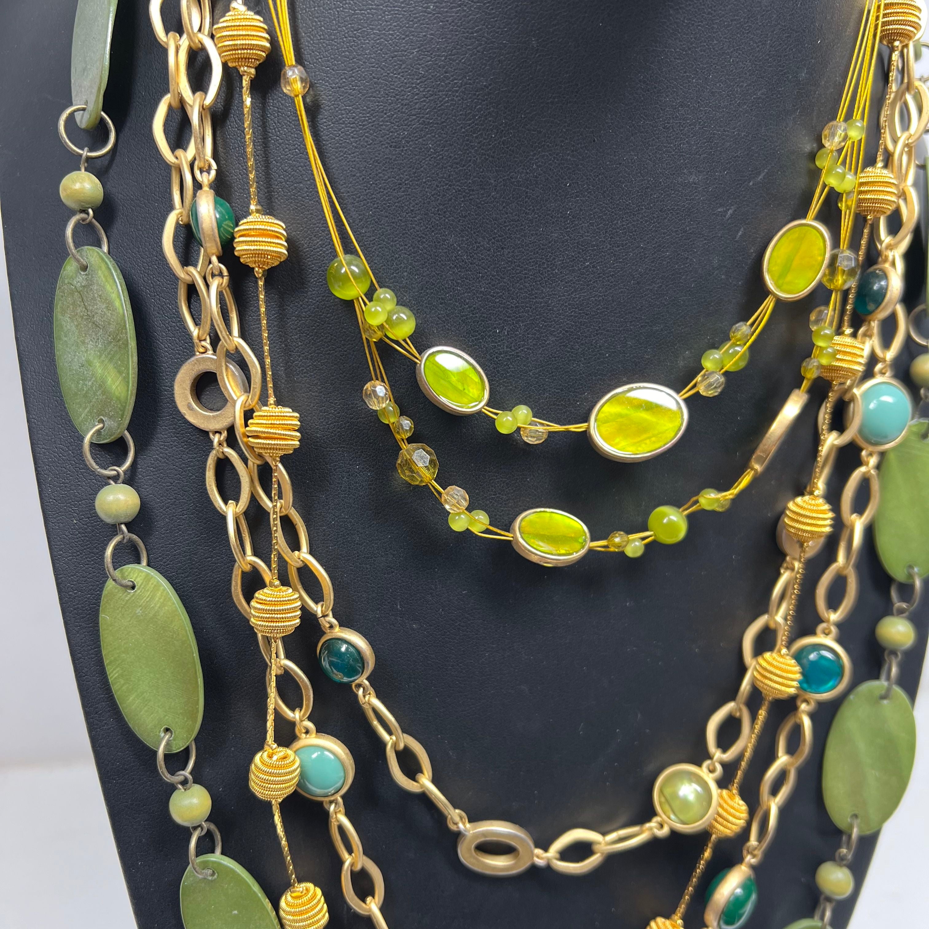 Lot of Green Gold Tone Beaded Chain Necklace Cuff Jewelry Set