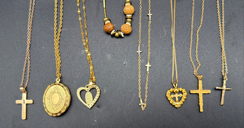Religious Costume Jewelry Lot 15pc Gold Tone Crosses Mustard Seed Locket