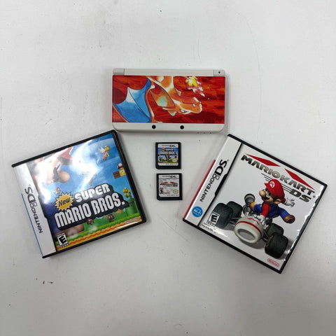 Nintendo 3DS Console Charizard Skin Mario Kart 4 Game Lot Bundle Works