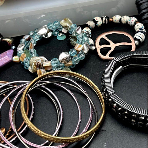 Vintage to Modern Costume Jewelry Bracelet Lot Bangles Beaded Cuffs Boho Mix