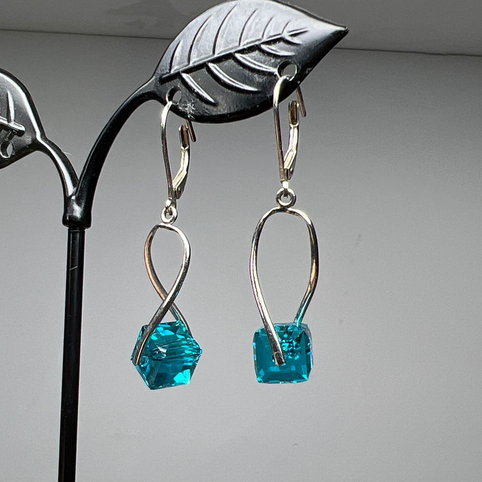 Sterling Silver Turquoise Glass Crystal Cube Bead Earrings