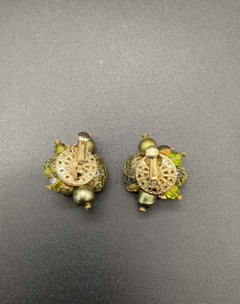 Vintage Vendome Green AB Crystal Glass Bead Demi Parure Bracelet Earring Set