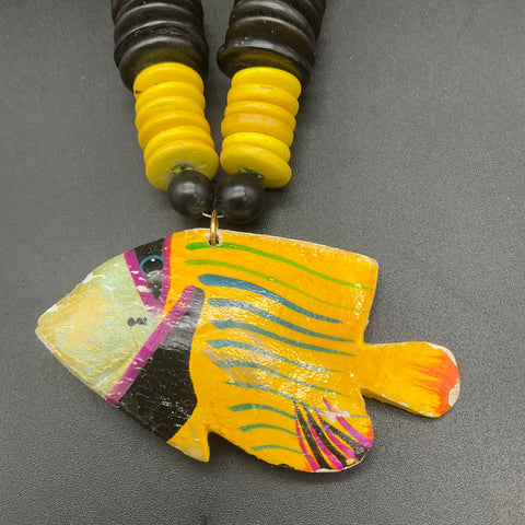 Vintage Hand Carved Wood Animal & Painted Fish Charm Necklaces Jewelry Lot of 2