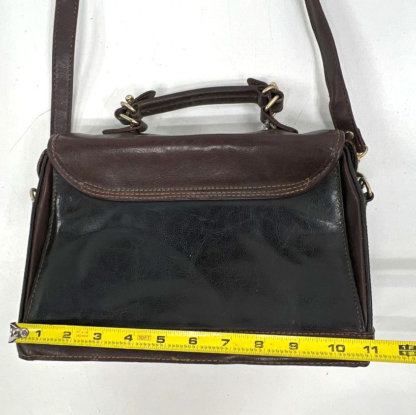 Vintage 80s Polo Player Logo Brown Black Satchel Crossbody Bag Gold Hardware