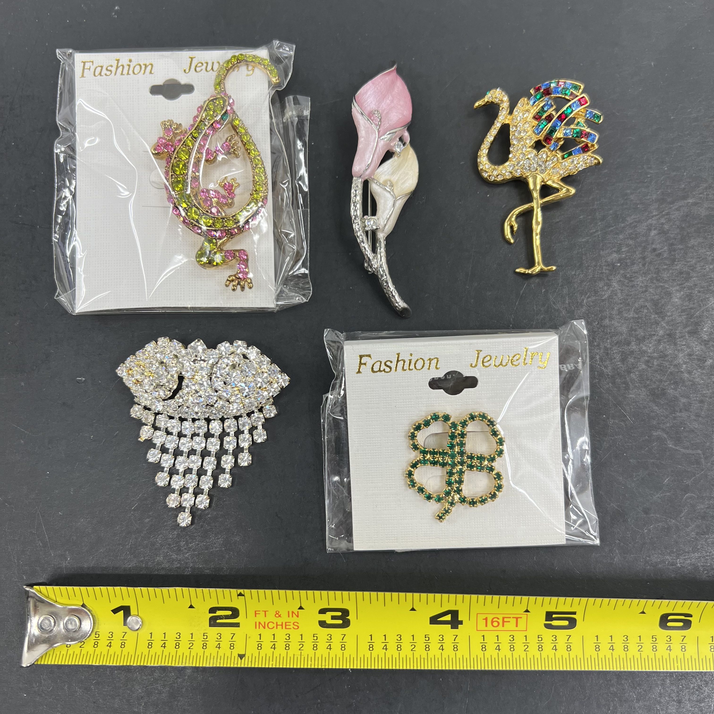 Lot of 5 Bling Bedazzled Brooches Floral Animals Gold Silver Tone Some IOP