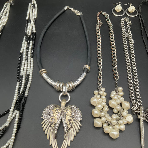 9 Piece Fashion Jewelry Lot Necklaces Earrings Gothic Angel Wing Orca Dog Tag