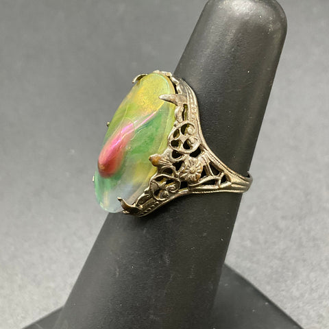 Vintage Art Deco Style Silver Tone Iridescent Glass Filigree Ring Size 4.5