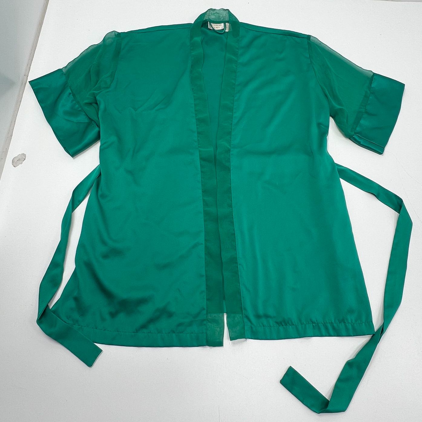 Vintage 80s Victorias Secret Gold Crown Green Satin Sheer Sleeve Robe Lingerie