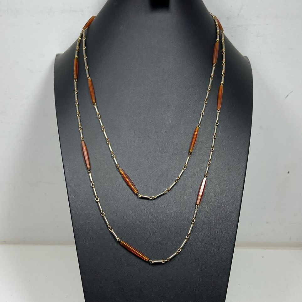 Vintage M.R. WE Orange Beaded Gold Tone Necklace
