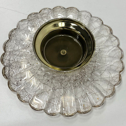 Mid-Century Atomic Glass Chip and Dip Set Gold Black Veined Scalloped 2 Piece
