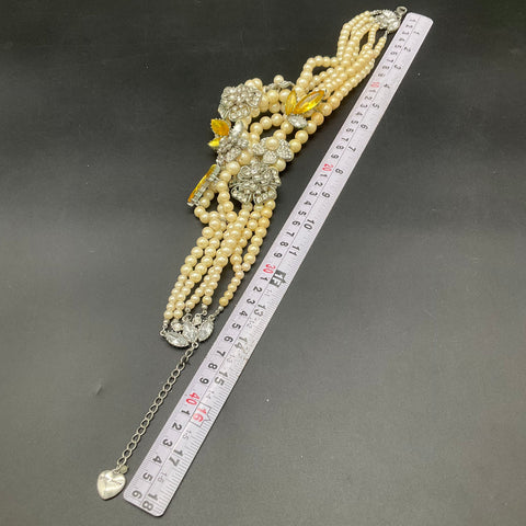 Betsey Johnson Silver Tone Multi Strand Faux Pearl Floral Statement Necklace 18"
