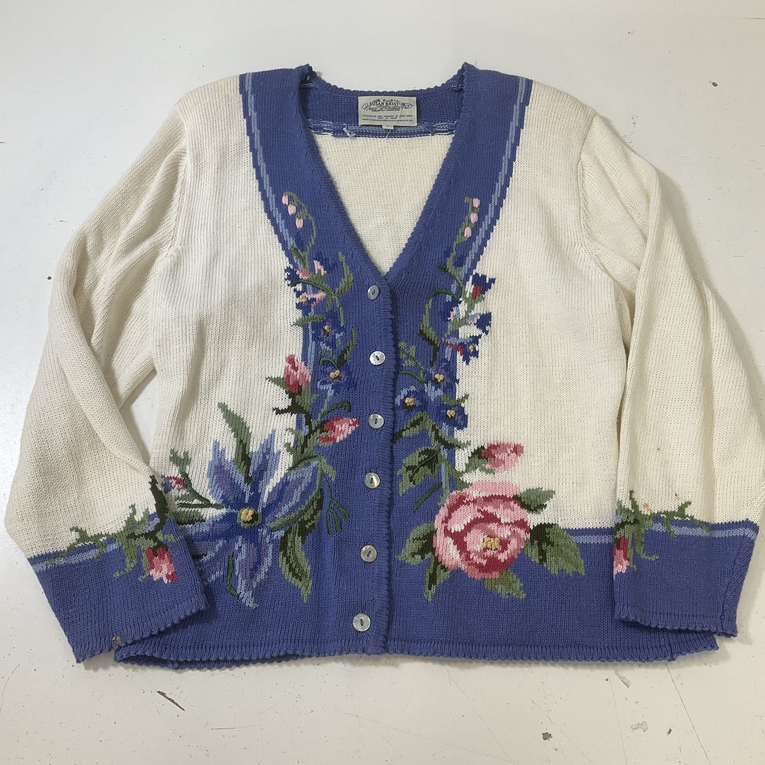 Susan Bristol New Traditions Women's White & Blue Floral Cardigan Size L Vintage