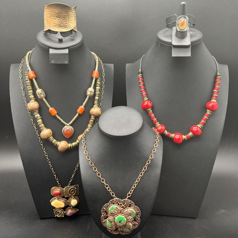 Chunky Bohemian Brutalist Necklace Cuff Ring Jewelry Lot of 5 Pieces