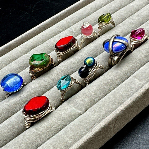 Artisan Wire Wrapped Silver Tone Rings Jewelry Lot of 10 Mixed Color Stones