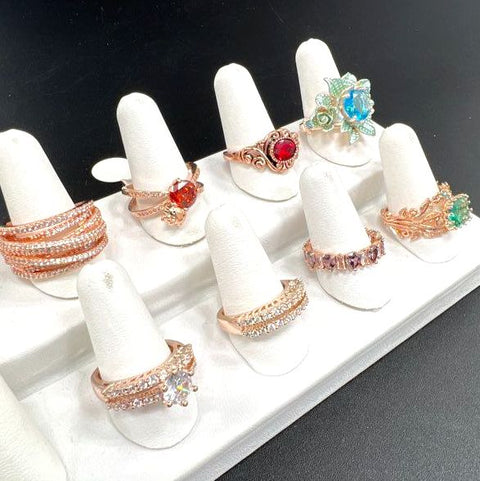 Rose Gold Tone Fashion Rings Lot of 8 CZ Rhinestone Assorted Designs