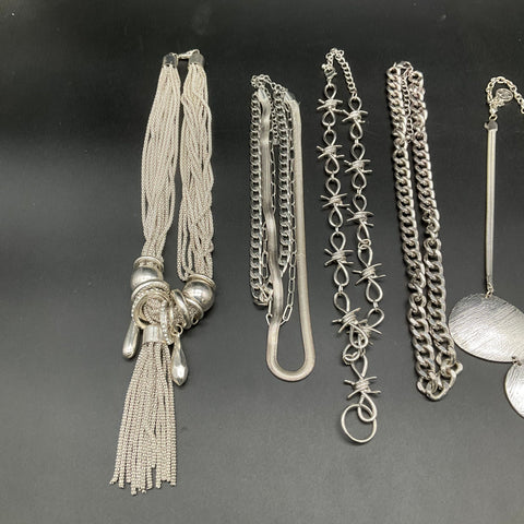 Silver Tone Gothic Jewelry Lot 8 Necklaces Skull Crossbones Barbed Wire Tassel