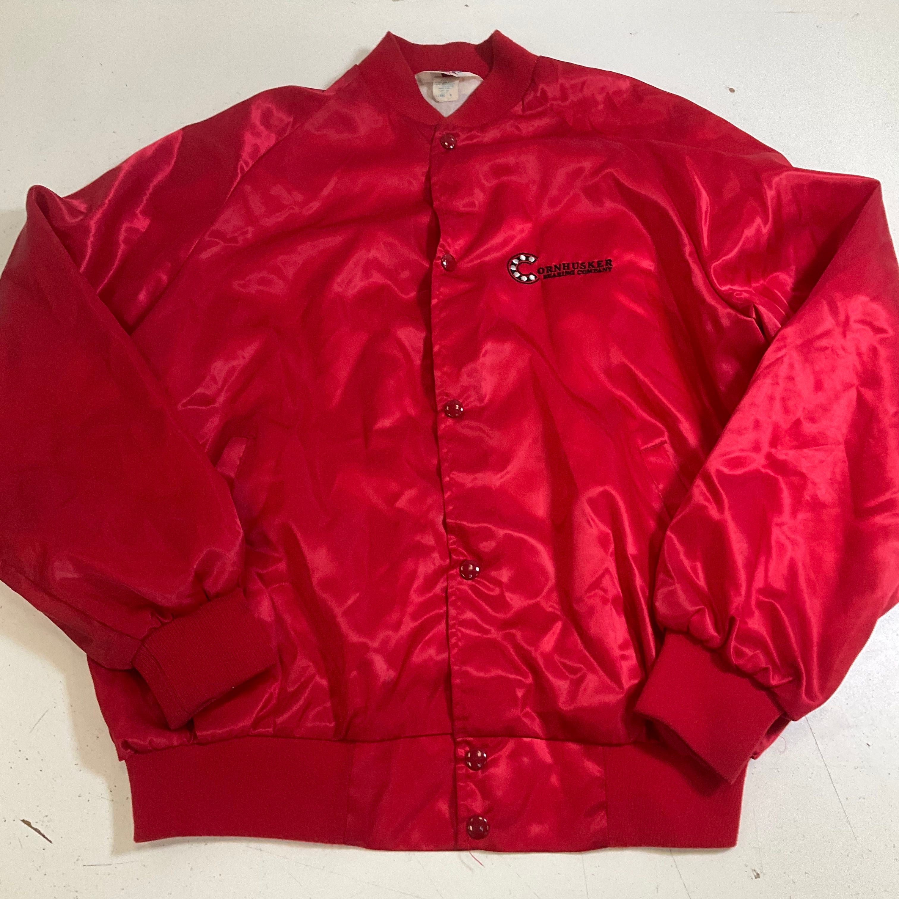 Vintage 80s West Ark Red Satin Cornhusker Bearing Coach Jacket Men's XL