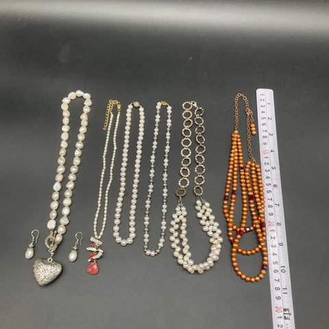 Pearl Costume Jewelry Lot 6 Necklaces 1 Pair Earrings Heart Pendants 0.48lb