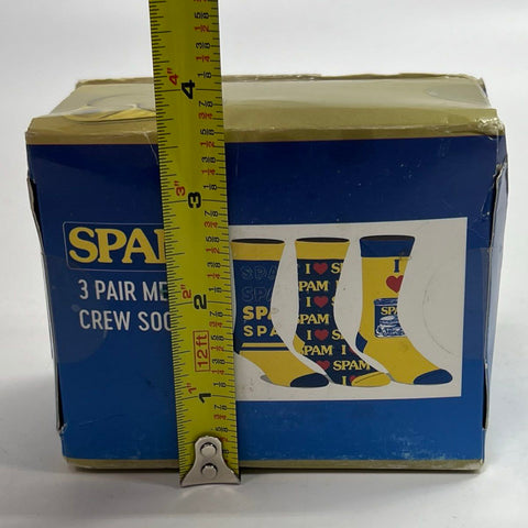 SPAM Men's 3 Pair Crew Socks Blue Yellow Novelty Food Logo New in Box Sz 10-13