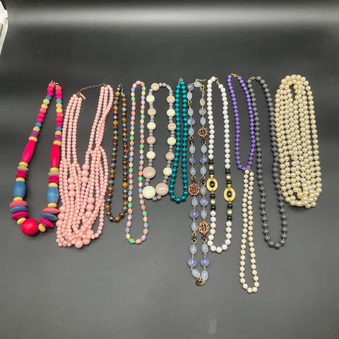 Vintage 80s Style Beaded Necklace Lot 12 Faux Pearl Chunky Multi-Strand Colorful