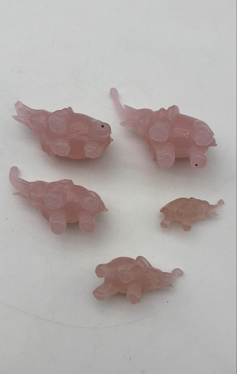 Art Glass Elephant Figurine Set 5 Piece Lot Pink Trunk Up Luck Vintage Style
