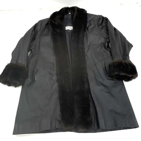 Vintage Charles Klein Black Leather Faux Fur Pleated Sleeve Jacket Coat Womens M