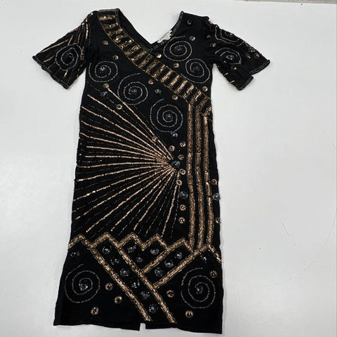 Vintage 80s Argenti Women's Black Silk Beaded Sequined Art Deco Dress Sz 6
