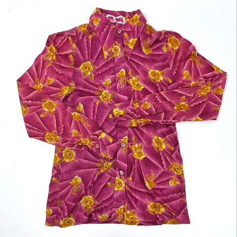 Vintage 70s Lady Ronnie Women's Pink Floral Dagger Collar Button Up Blouse Sz 36
