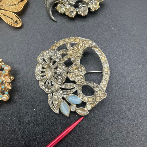 Vintage Brooch Pin Lot of 13 Rhinestone Faux Pearl Gold and Silver Tone