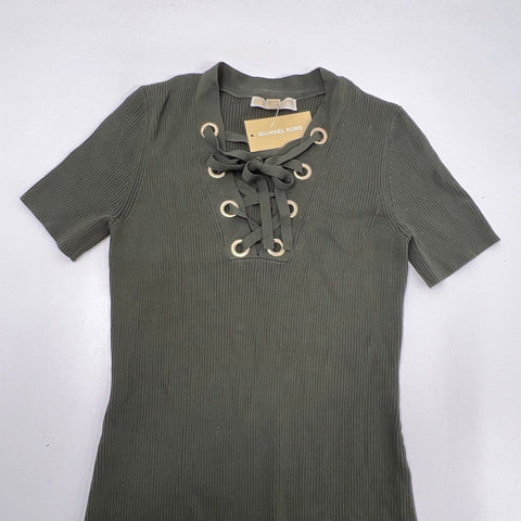 Michael Kors Women's NWT Ivy Green Ribbed Knit Lace Up Sheath Dress Size M