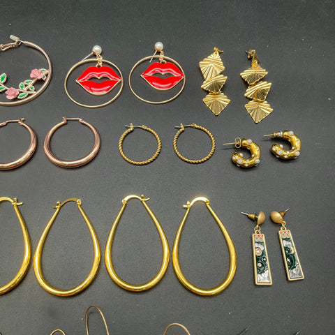 Mixed Gold Tone Fashion Earrings Jewelry Lot of 19 Pairs Hoops Enamel Drops