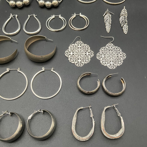 Silver Tone Fashion Jewelry Earring Lot 19 Pairs Hoops Dangles Butterfly Boho