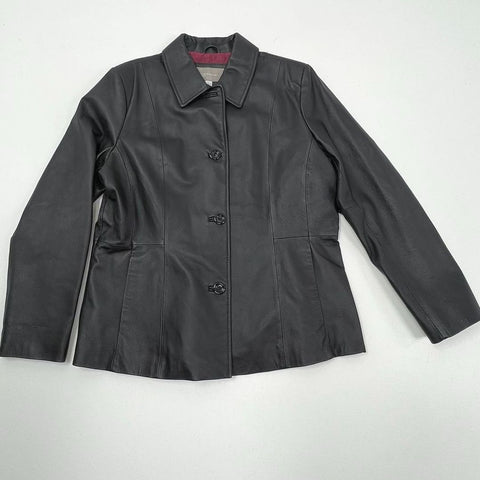 Croft & Barrow Black Genuine Leather Button Front Jacket Blazer Women's Size L