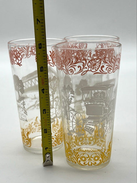 Hazel Atlas Americana Tumbler Set 3 Vintage Mixed Scene Drinking Glasses 5 In