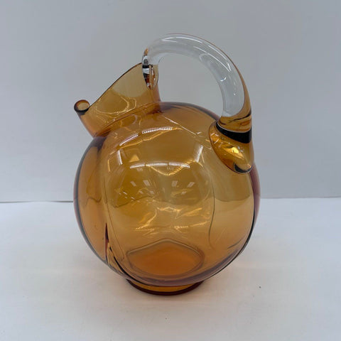 Vintage Amber Art Glass Pitcher 10" Hand Blown Clear Applied Handle MCM Style