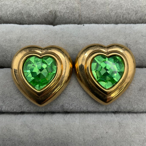 Vintage Avon Gold Tone UV Reactive Green Heart Faceted Stone Stud Earrings