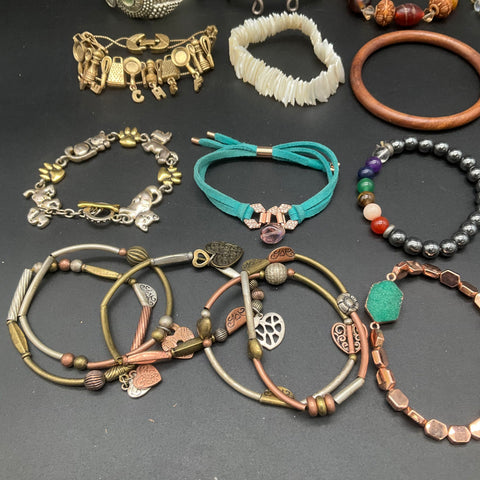 Wearable Jewelry Lot of 20+ Bracelets Bangles Cuffs Beaded Charm Mixed Metal