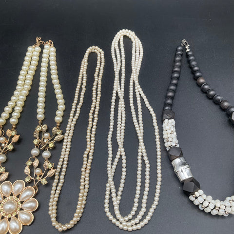 Faux Pearl Costume Jewelry Lot 9 Statement Floral Charm Multi-Strand Necklaces