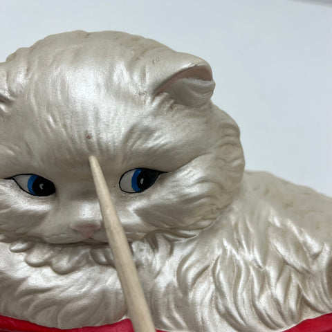Vintage Ceramic Persian Cat Figurine Playing w/ Red Yarn Pearlescent Finish