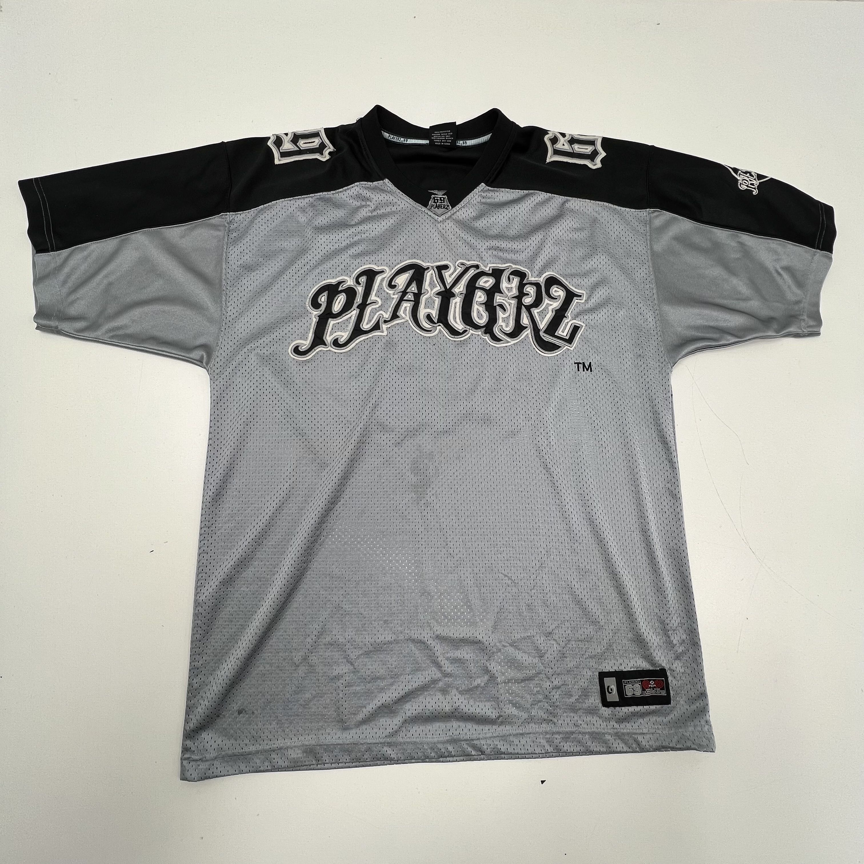 Playerz 69 Gray Black Vintage Y2K Embroidered Hip Hop Football Jersey Men's L