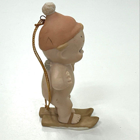 Enesco Kewpie Figurine 1992 Skiing Christmas Ornament Vintage Pink Winter Hat