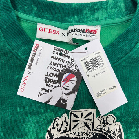 NWT Guess x Brandalised Oleen Green Banksy Cropped Sweatshirt Womens S