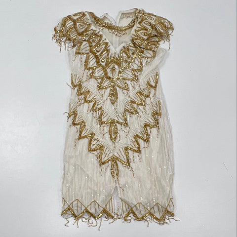 Lawrence Kazar Women's White Gold Vintage 90s Beaded Sequin Silk Dress Sz M