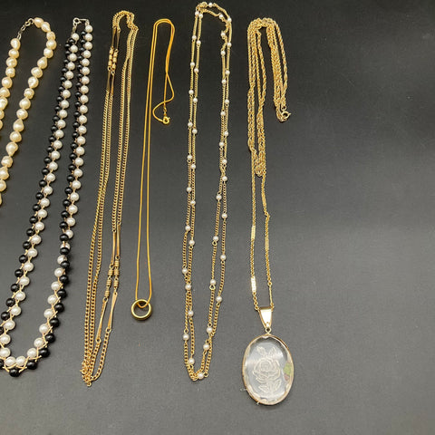 Vintage Gold Tone and Faux Pearl Necklace Jewelry Lot of 8 Rose Pendant Choker