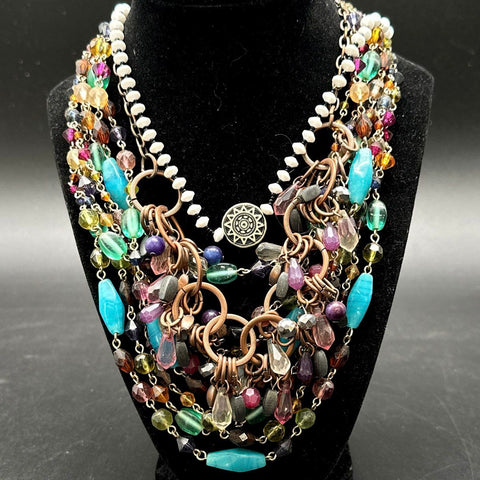 Boho Multi-Strand Beaded Necklace Lot Wood Stone Dreamcatcher Mandala 2 Pieces