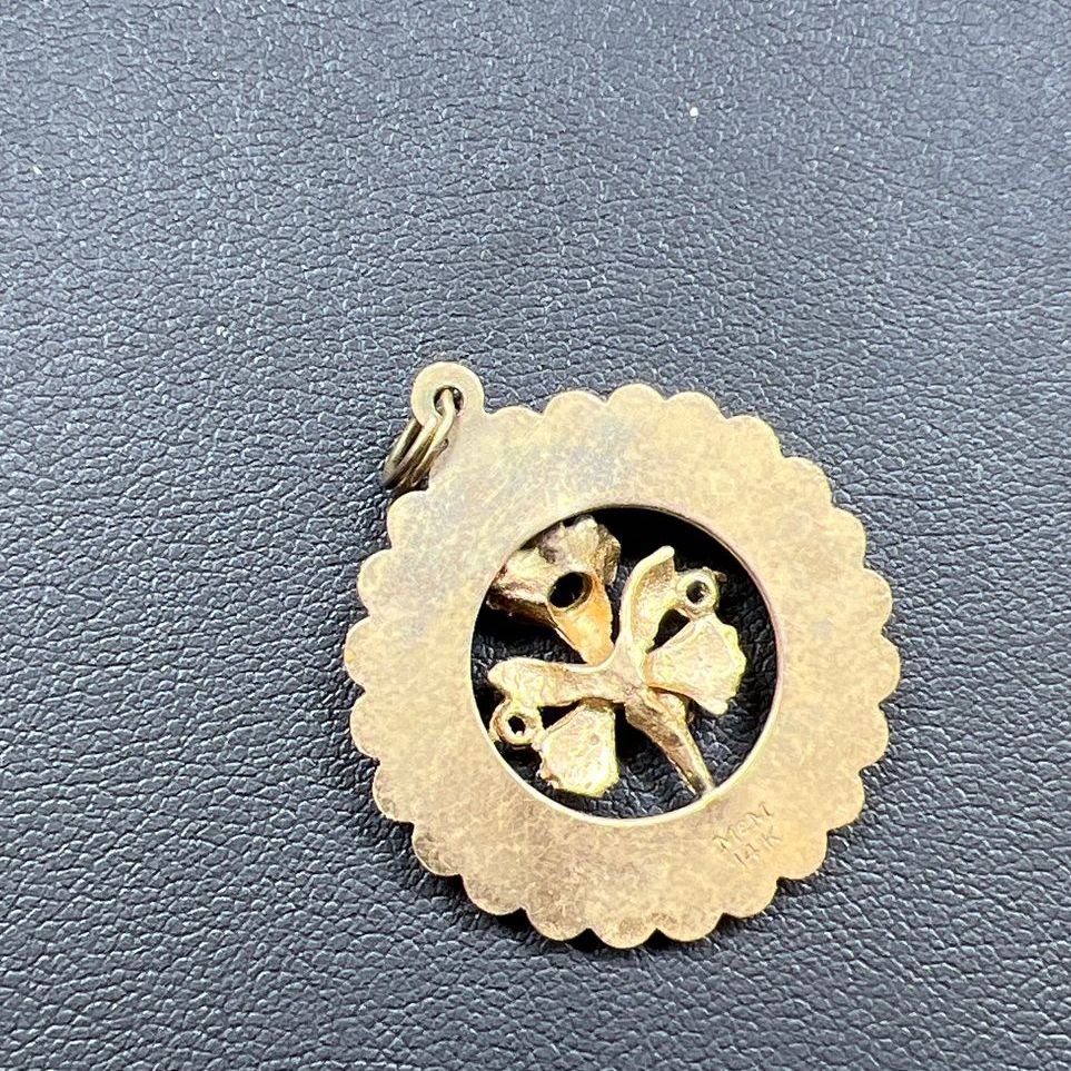 Vintage M&M 14K Gold Happy Birthday Iris Floral Round Pendant 3.84g